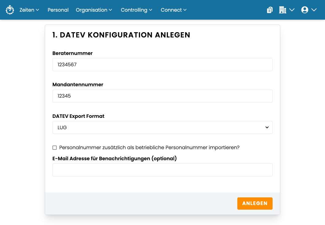 ZeitFabrik DATEV - DATEV Konfiguration anlegen