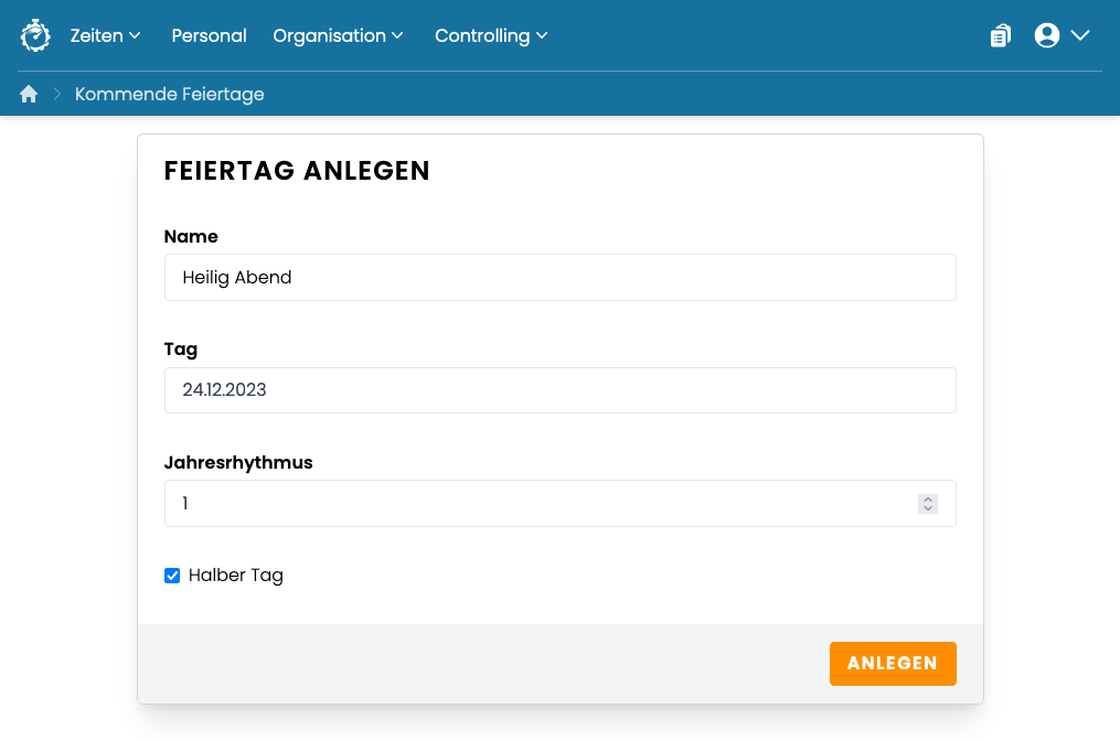 Feiertag anlegen Feiertag anlegen