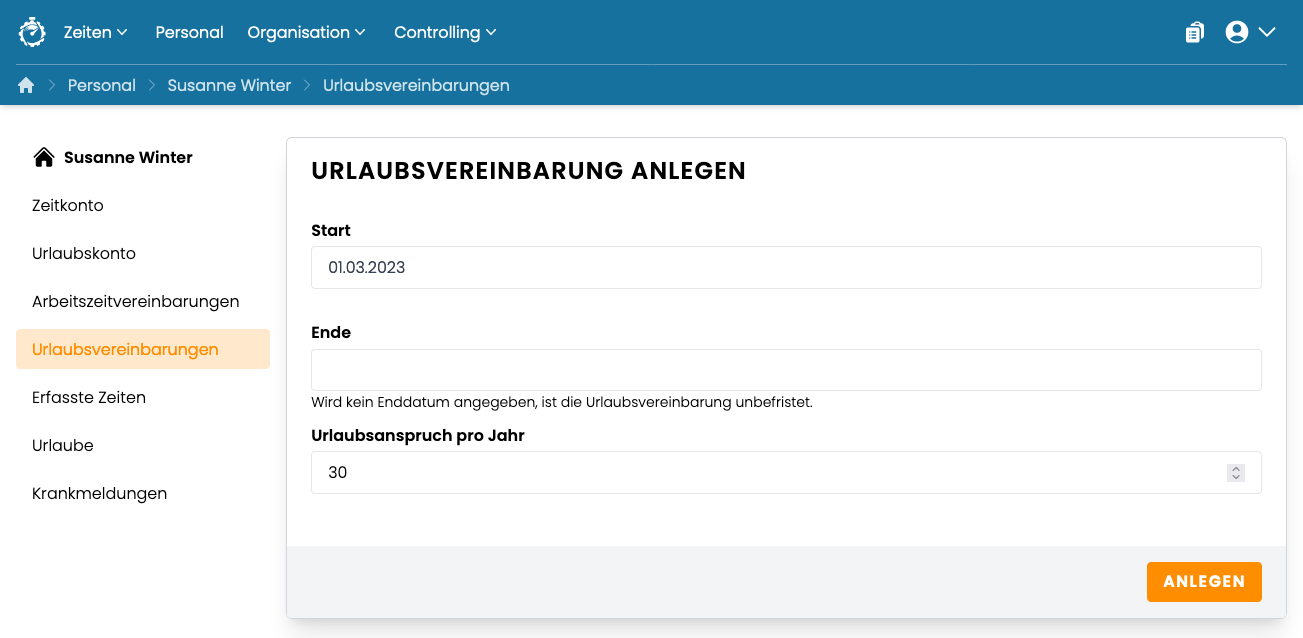 Urlaubsvereinbarung anlegen Urlaubsvereinbarung anlegen