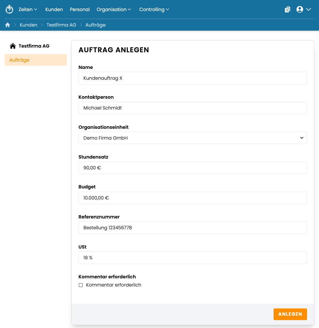 Auftrag anlegen Auftrag anlegen