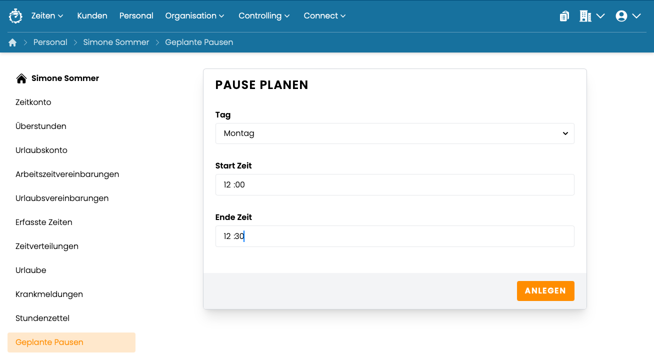 Geplante Pausen - Anlegen Geplante Pausen - Anlegen