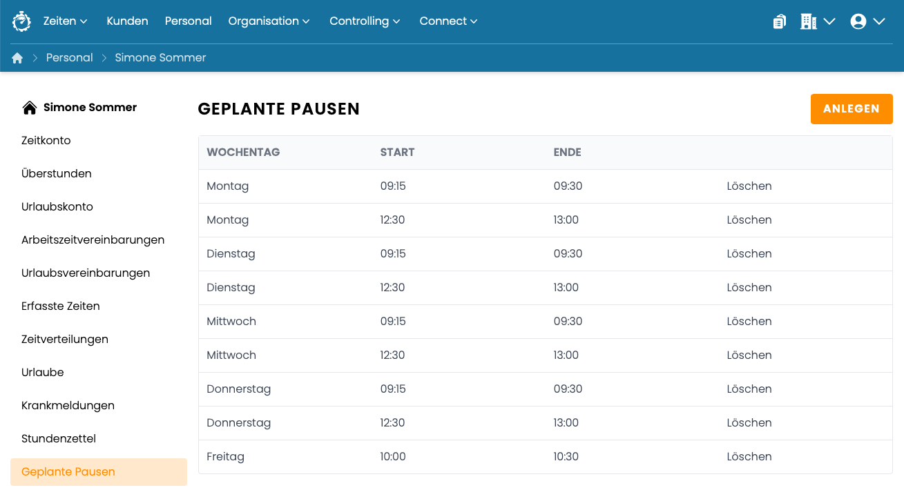 Geplante Pausen - Liste Geplante Pausen - Liste