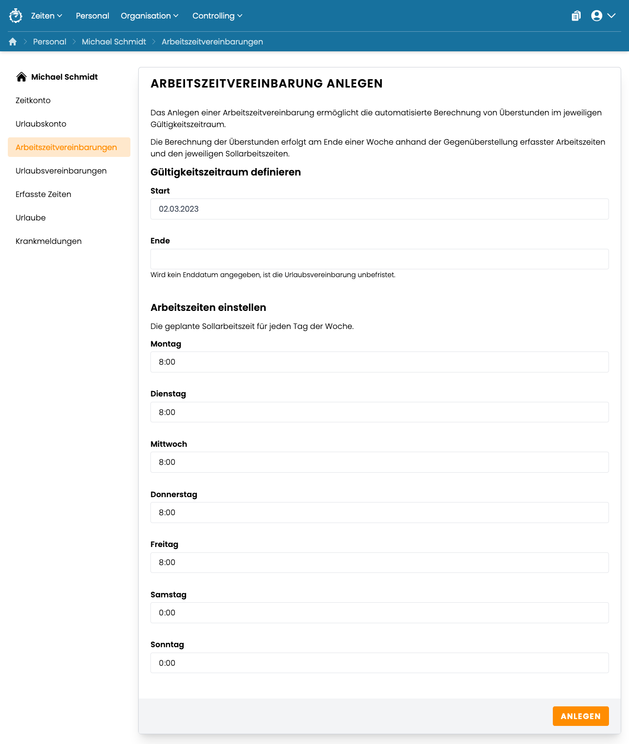 Arbeitszeitvereinbarung anlegen Arbeitszeitvereinbarung anlegen