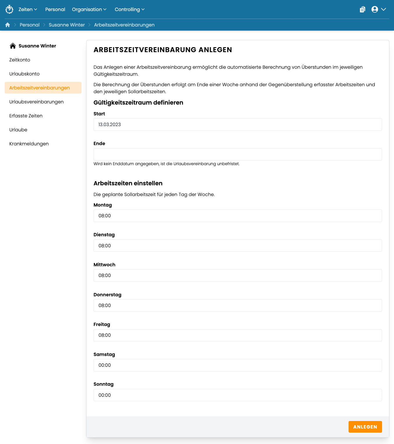 Arbeitszeitvereinbarung anlegen Arbeitszeitvereinbarung anlegen
