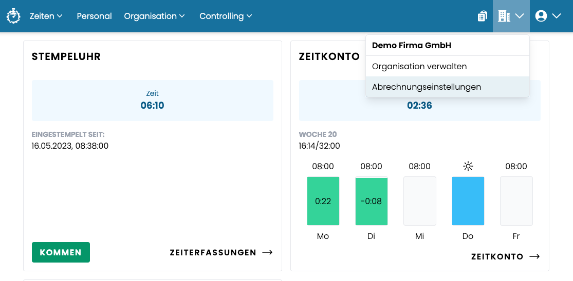 Zeit fabrik lizenz verwalten menue abrechungseinstellungen