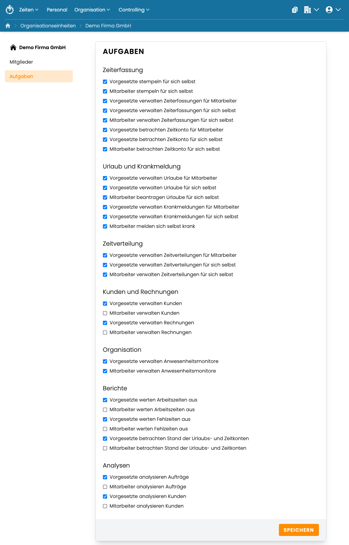 Zeit fabrik organisationseinheiten verwalten aufgaben
